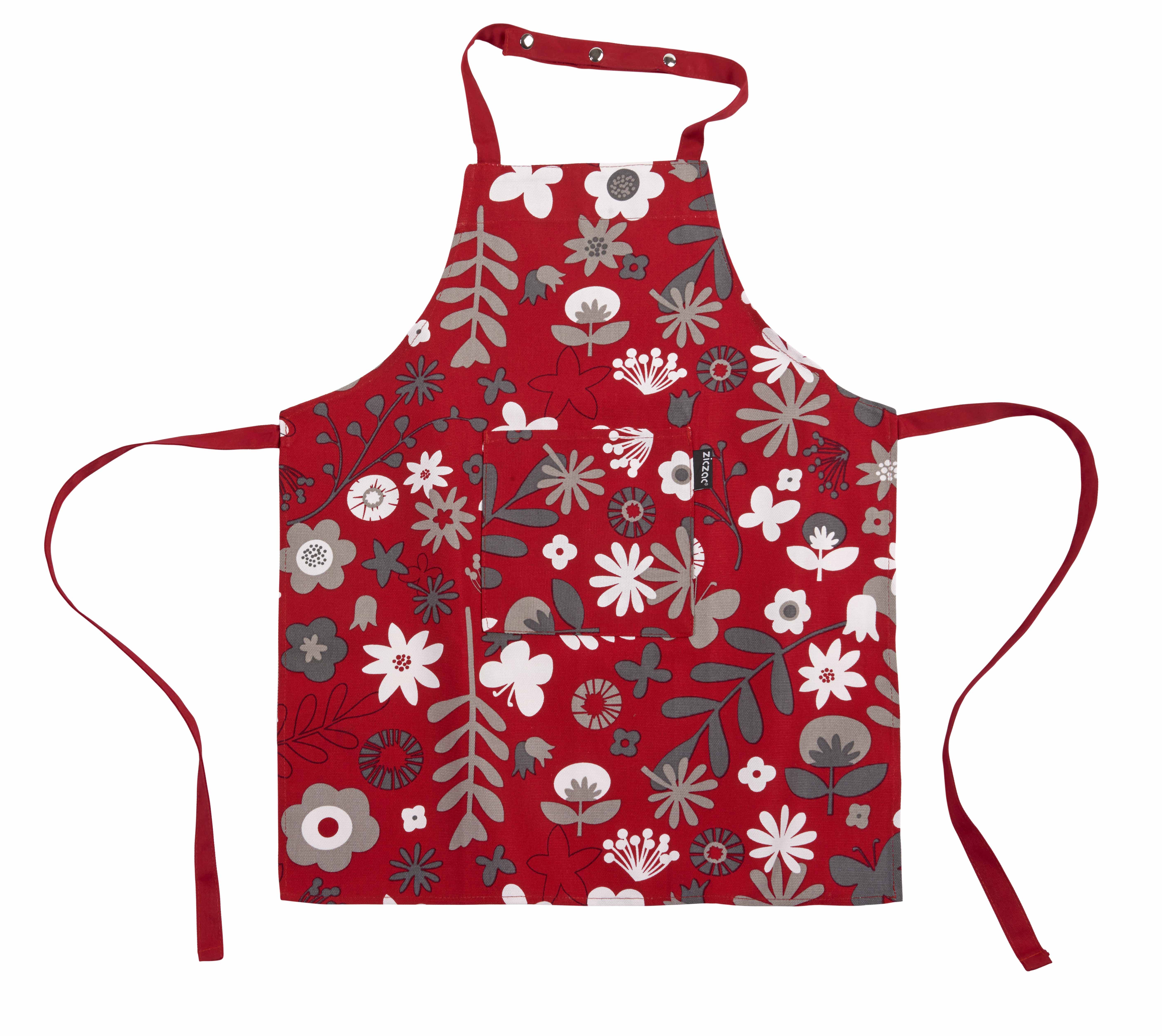 Kids apron floral CC 52x63cm, pressbutton+pocket, red