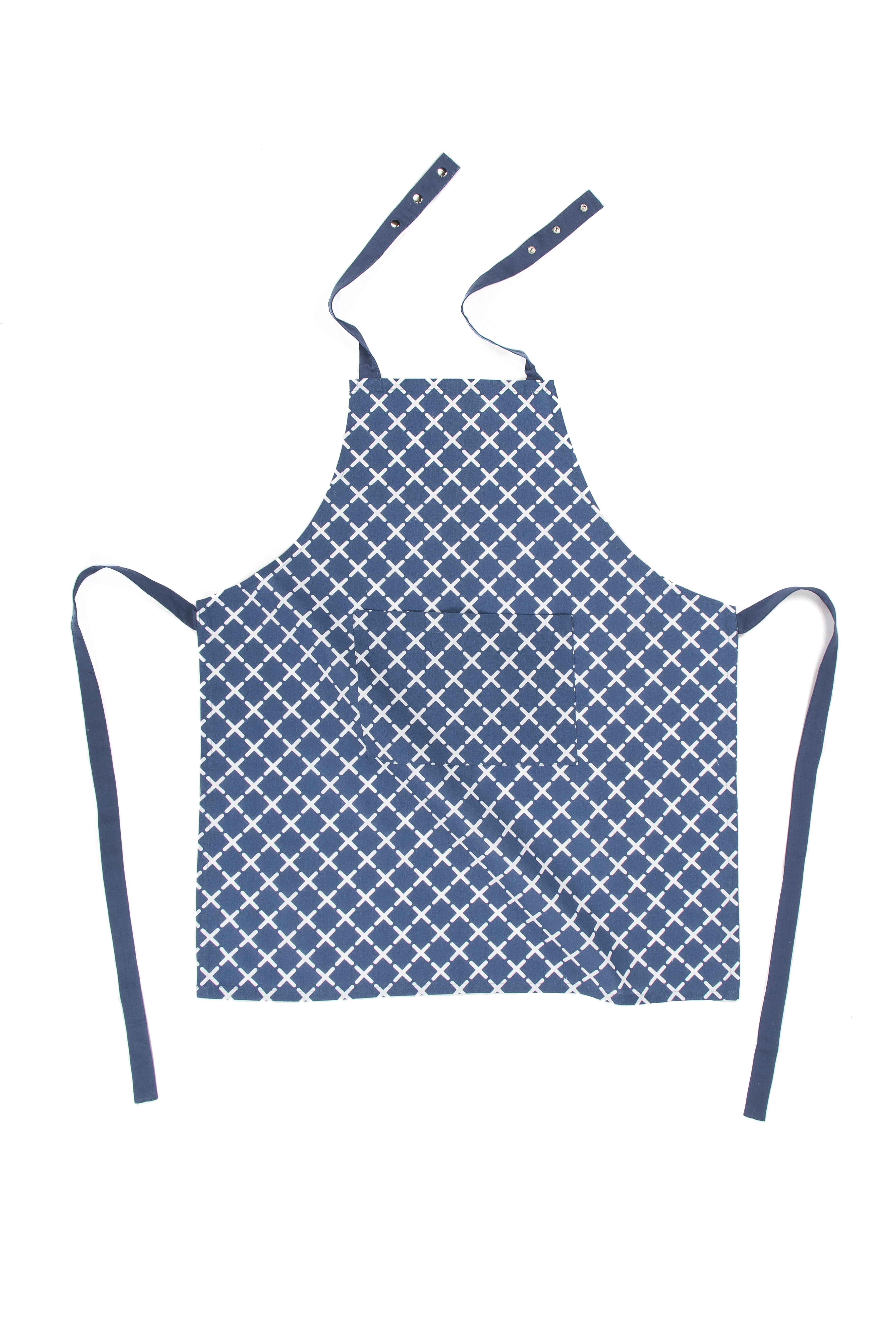 Apron geo cross 74x85, pocket +press button +hanger,blue