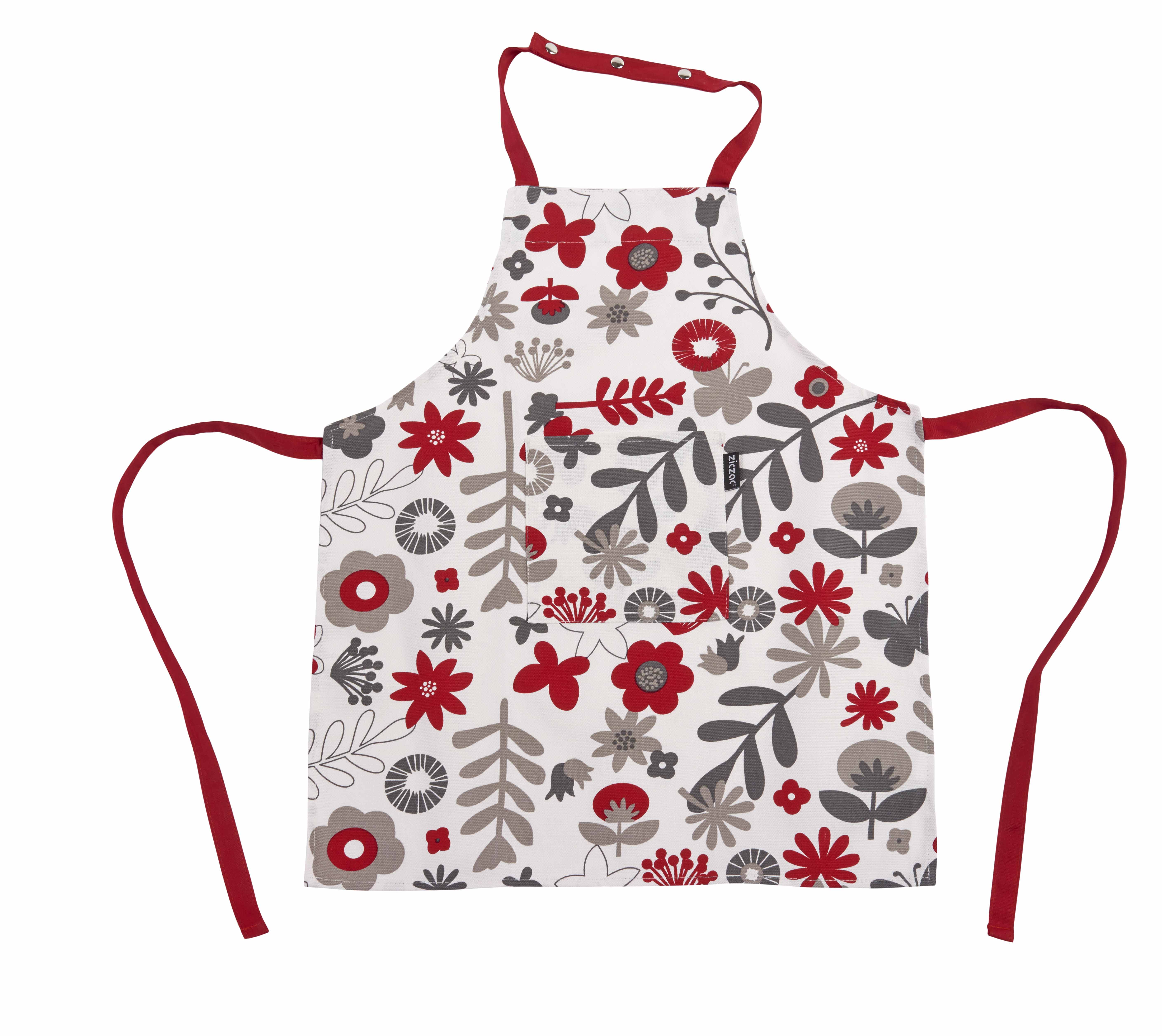 Kids apron floral WC 52x63cm, pressbutton+pocket, red