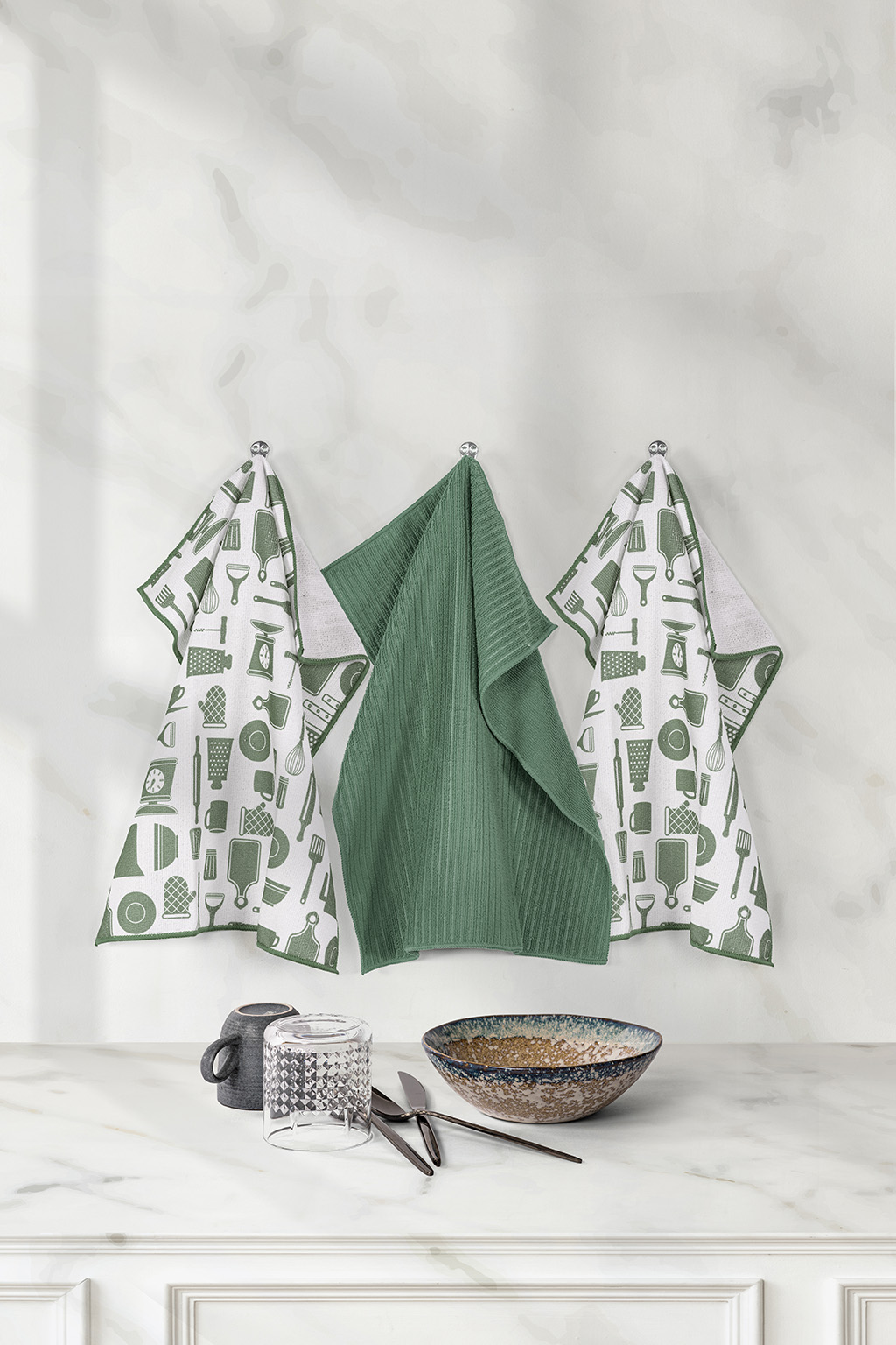 Torchon ESSENTIAL, microfiber 40x48cm - Set/3, stone green