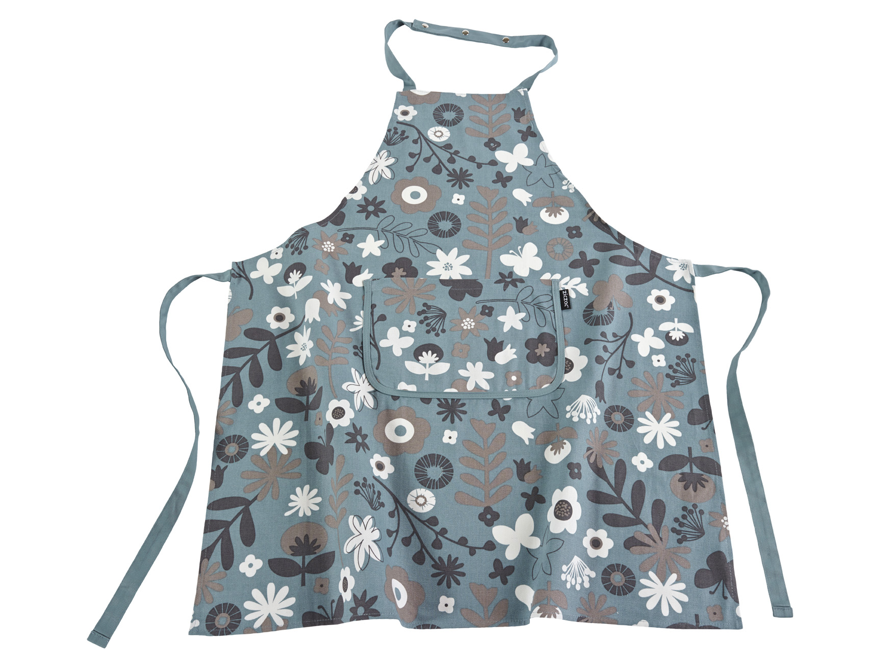 Apron floral CC 80x85,+pressbutton+pocket, soft blue