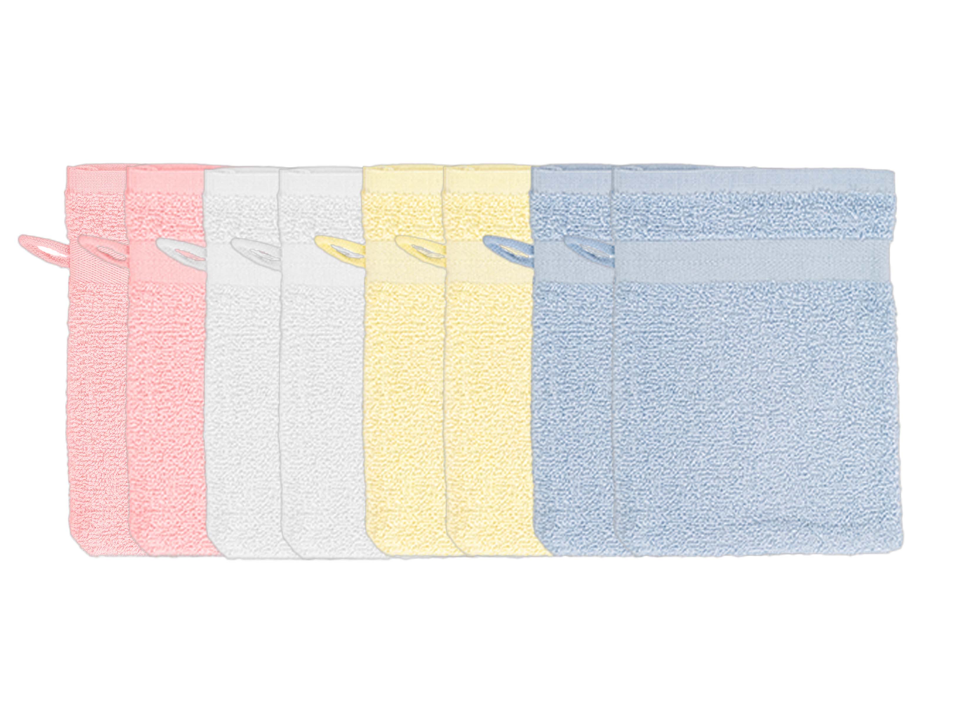 Set of 8 washing gloves 15x 21 cm: 2x white + 2x pink  + 2x light blue + 2x light yellow