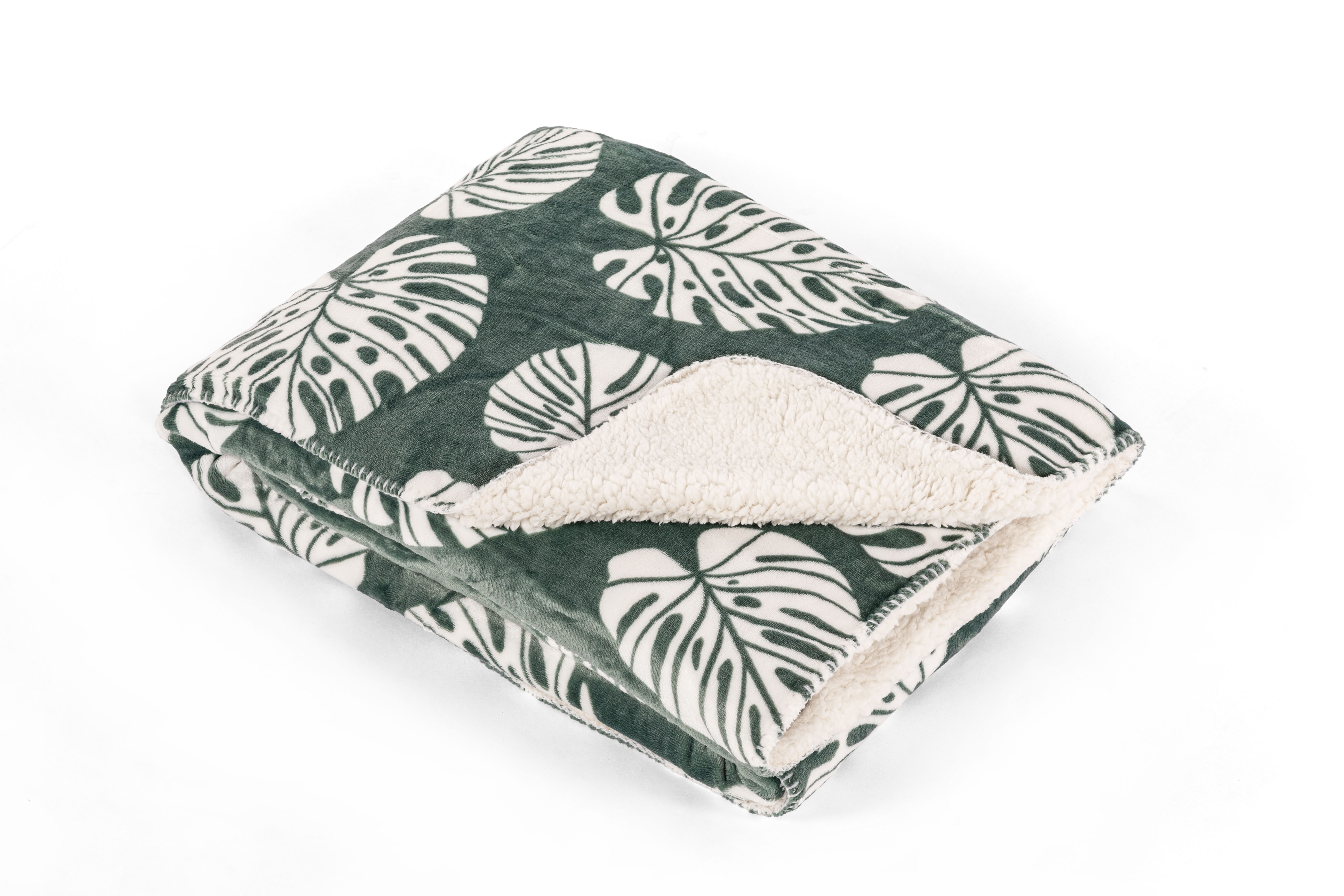 Plaid Coral fleece + sherpa - 130x170cm, Monstera