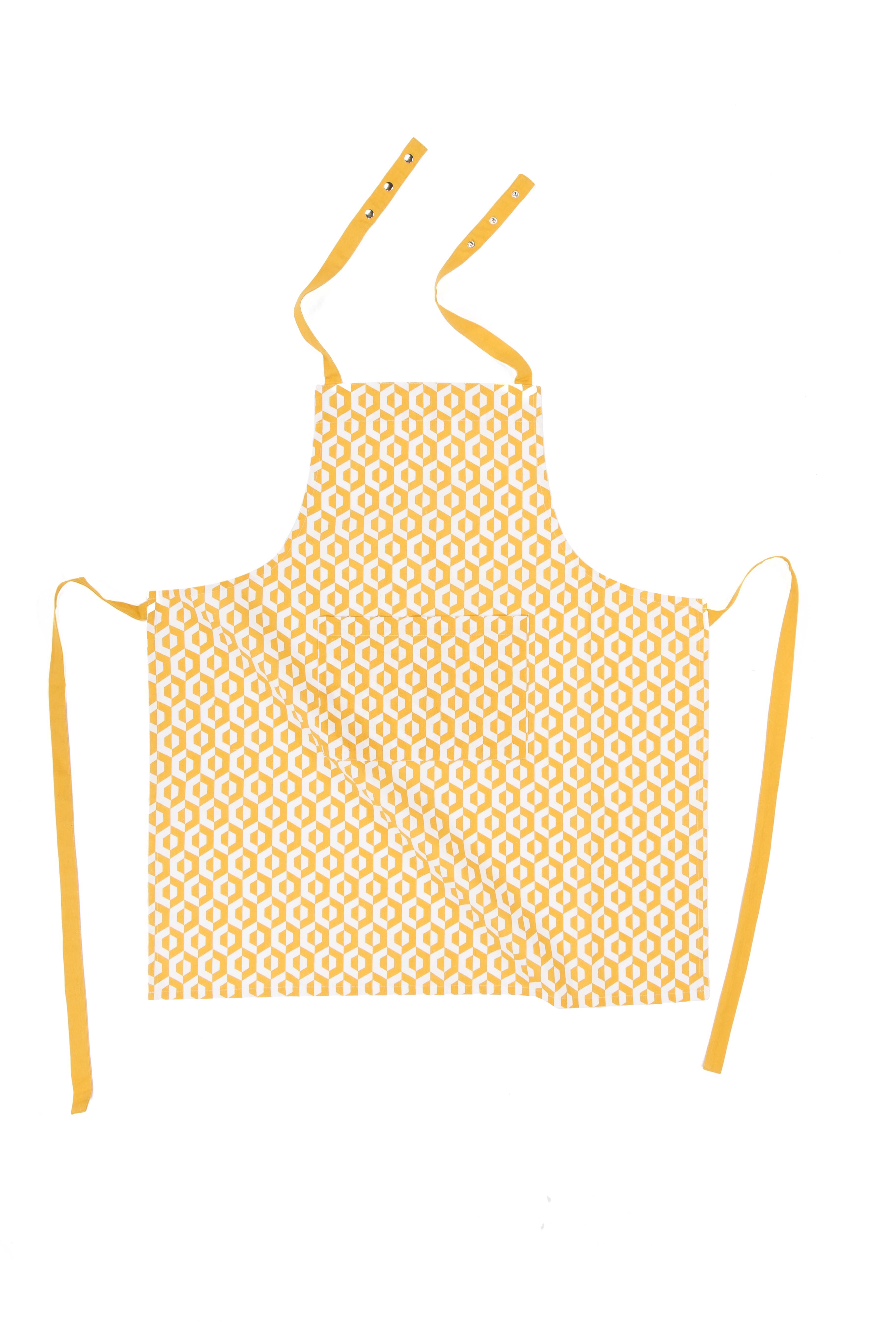 Apron geo hexagon 74x85, pocket +press button +hanger,yellow