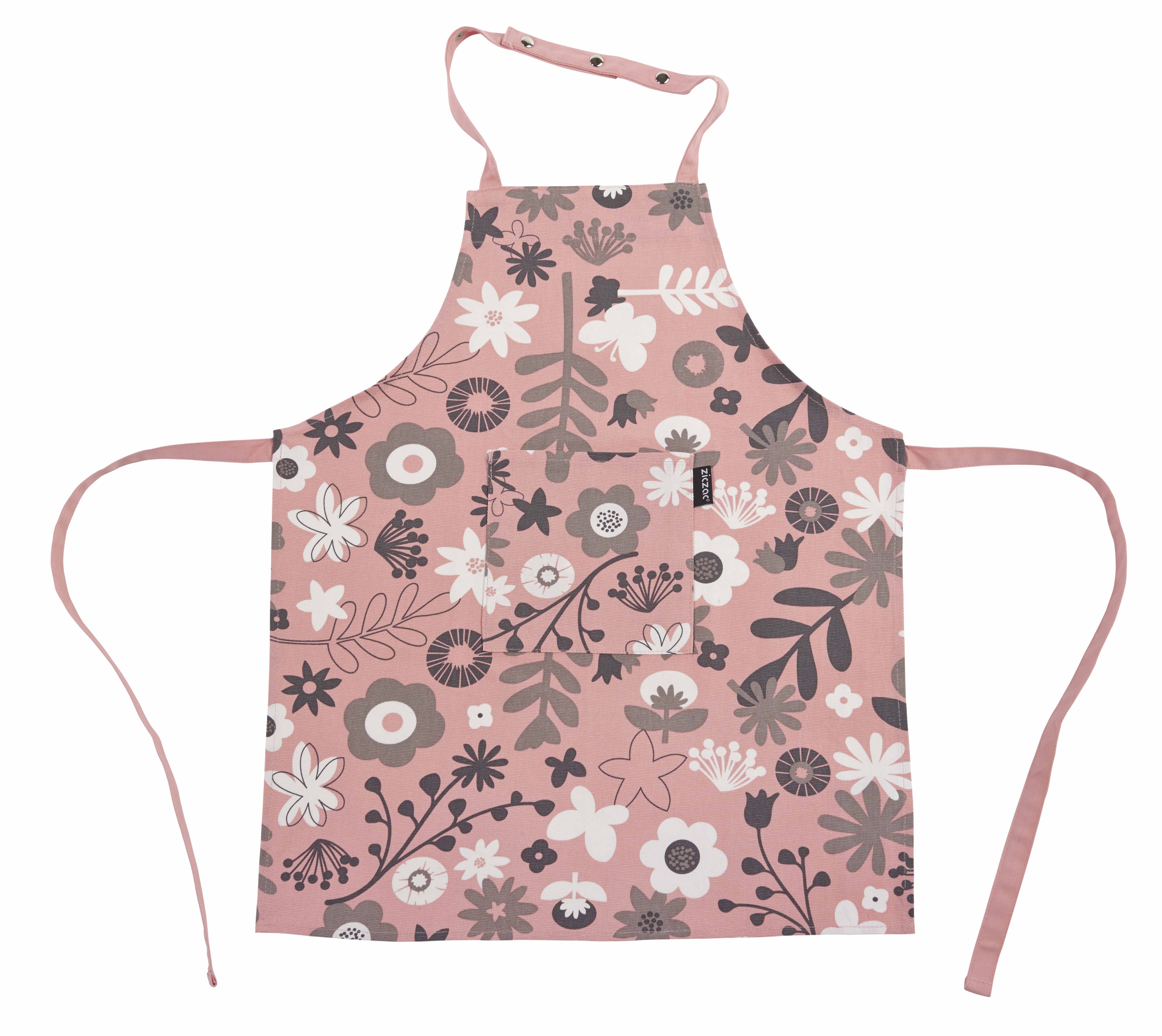 Kids apron floral CC 52x63cm, pressbutton+pocket, soft pink