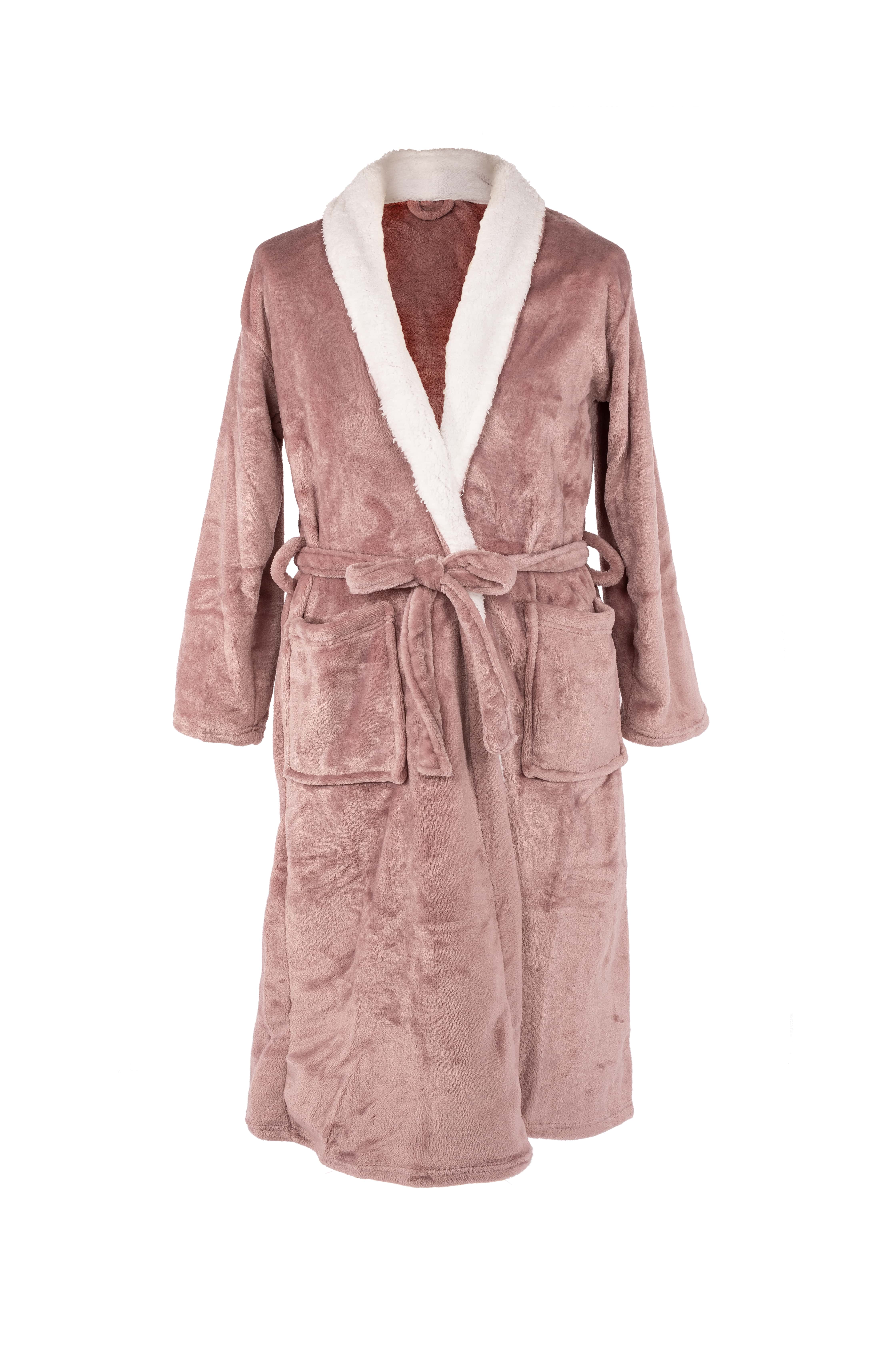 Bathrobe micro flanel uni (collar in sherpa) - S/M - unisex, mauve