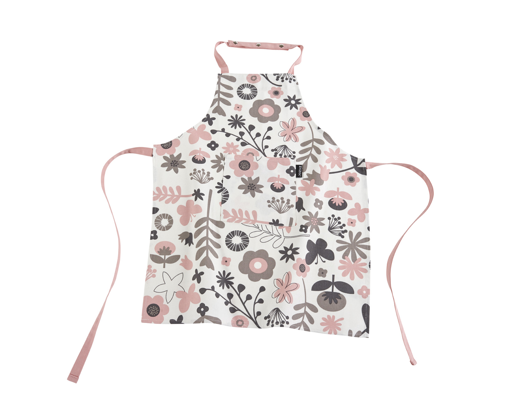 Kids apron floral WC 52x63cm, pressbutton+pocket, soft pink
