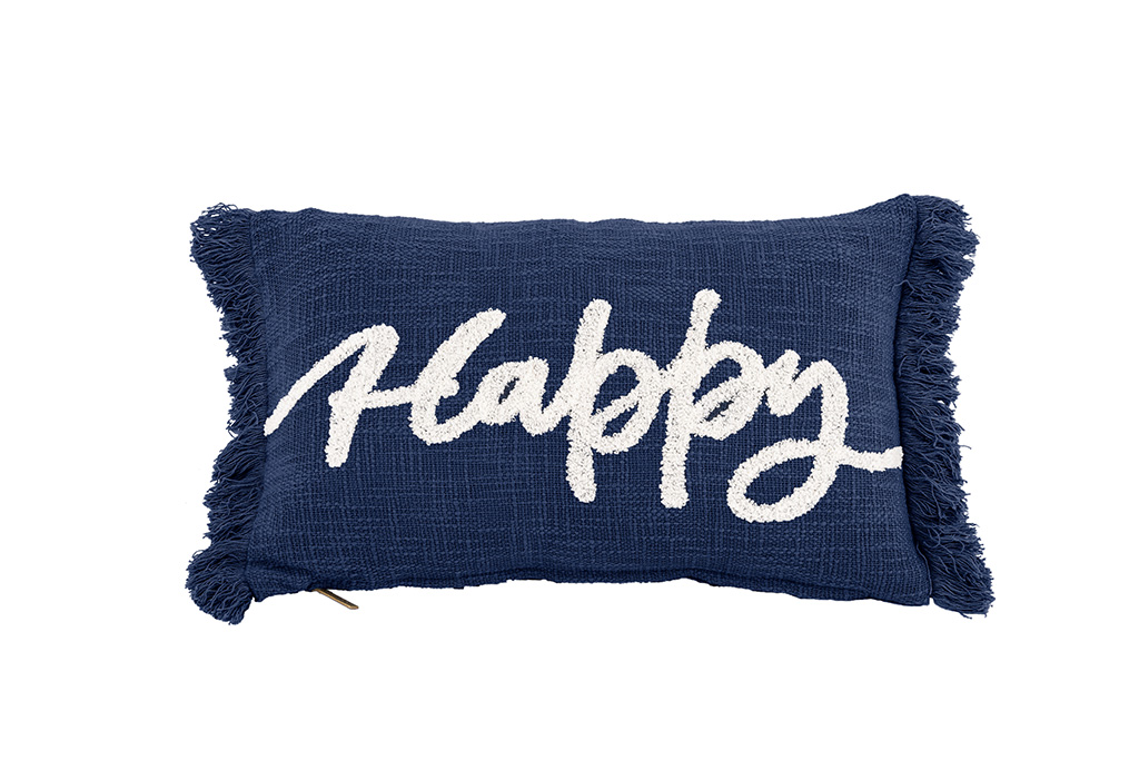 Kussen (gevuld) COTTON SLUB "HAPPY" 30x50CM, insigna blue