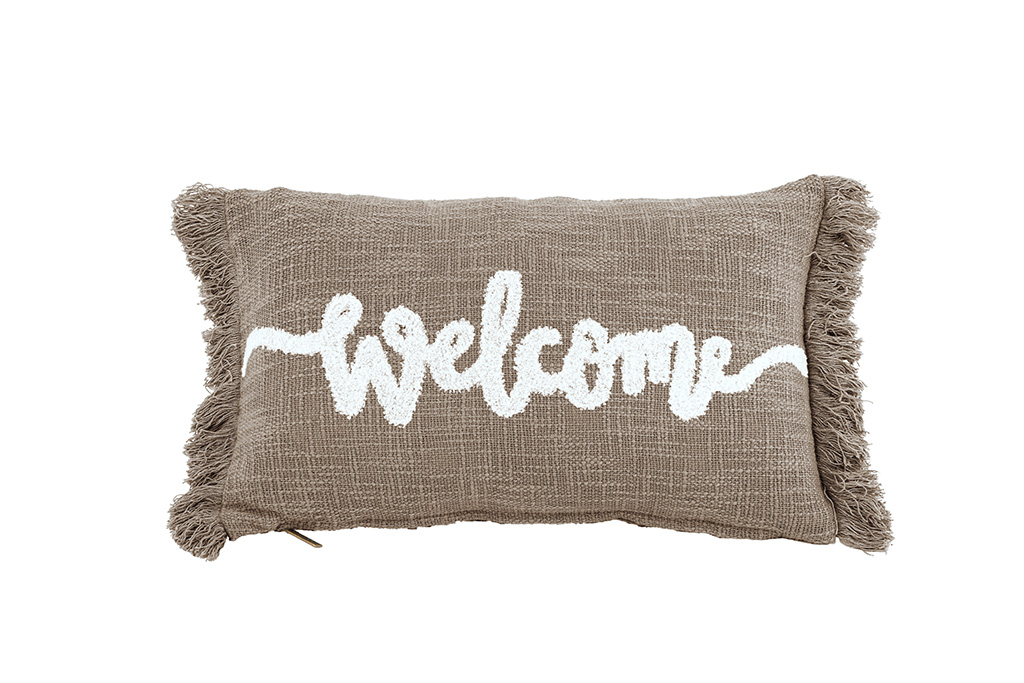 Cushion (filled) COTTON SLUB "WELCOME" 30x50CM, taupe