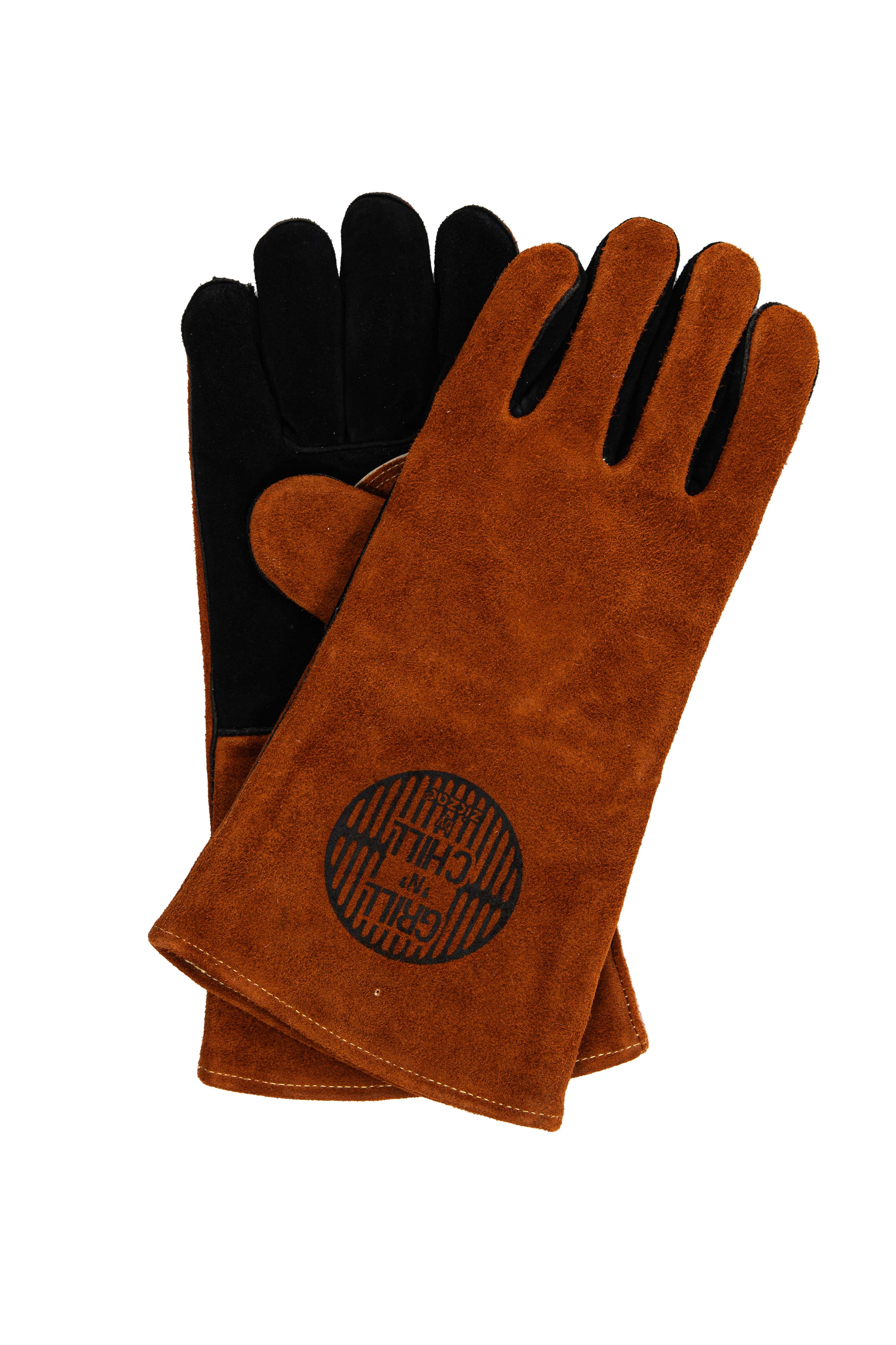 Set of 2 leather BBQ gloves - 36 x 19 cm - brown