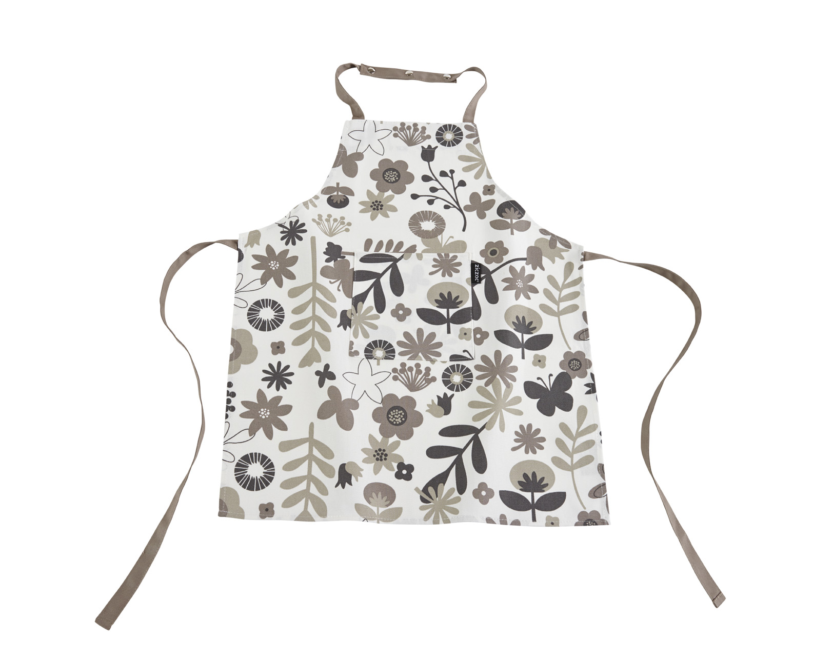 Kids apron floral WC 52x63cm, pressbutton+pocket, taupe