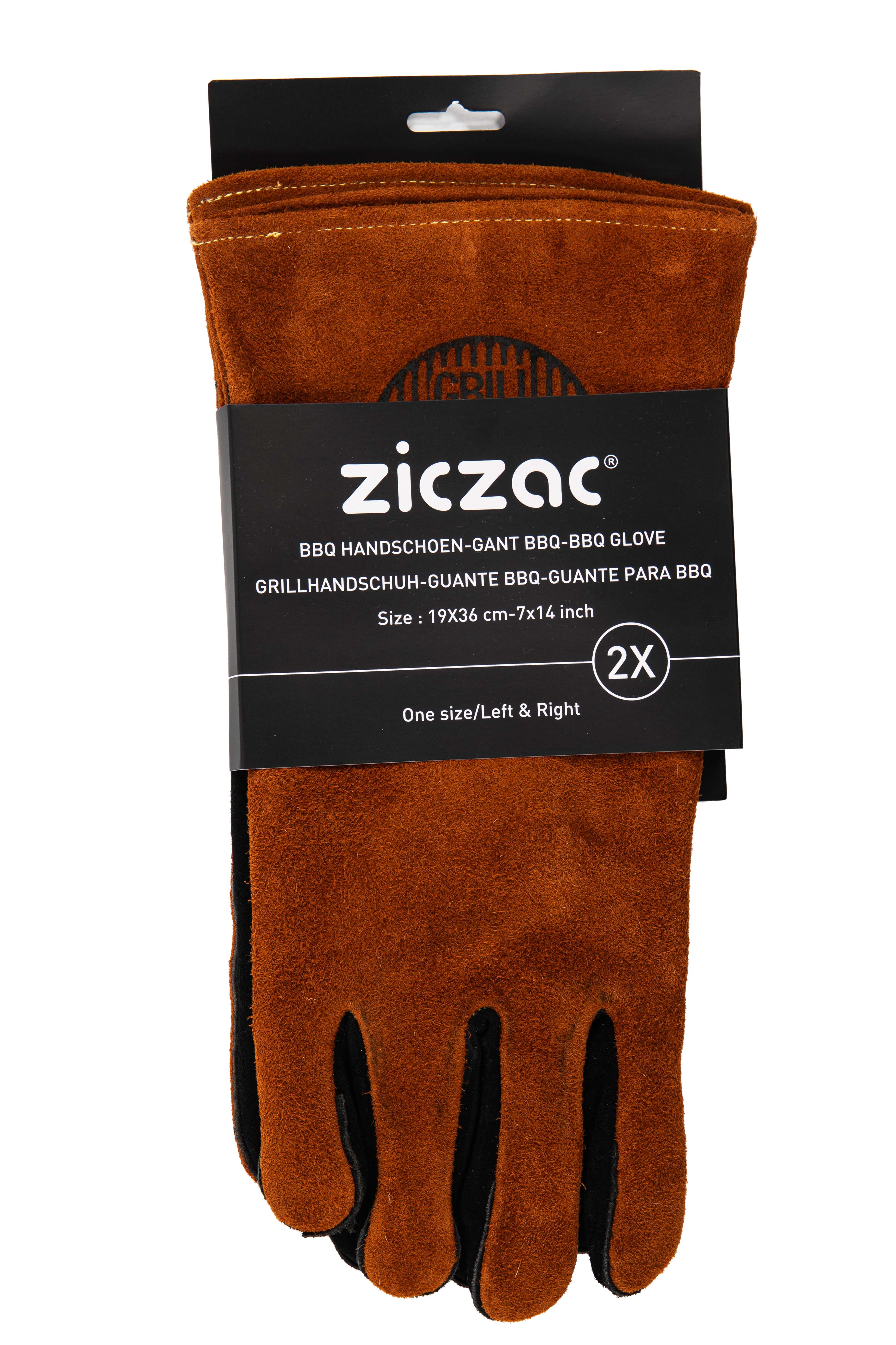 Set of 2 leather BBQ gloves - 36 x 19 cm - brown